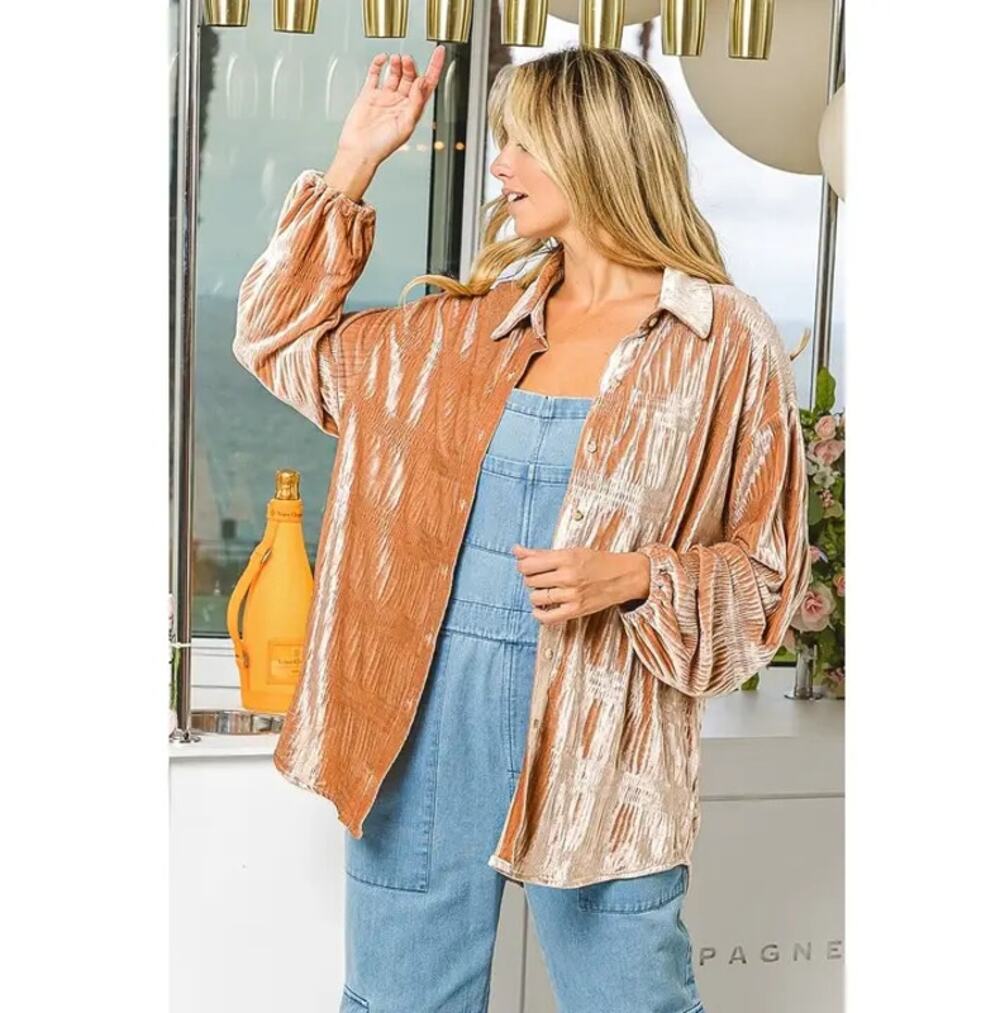 Bibi Rib Textured Smocked Velour Button-up Shirt Champagne Women's Size Small